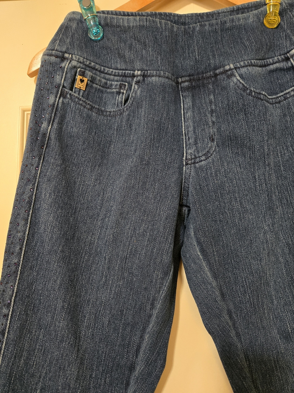 Belle by Kim Gravel Dark Blue Pull On Stretch Jeans with Rhinestone Side Detail